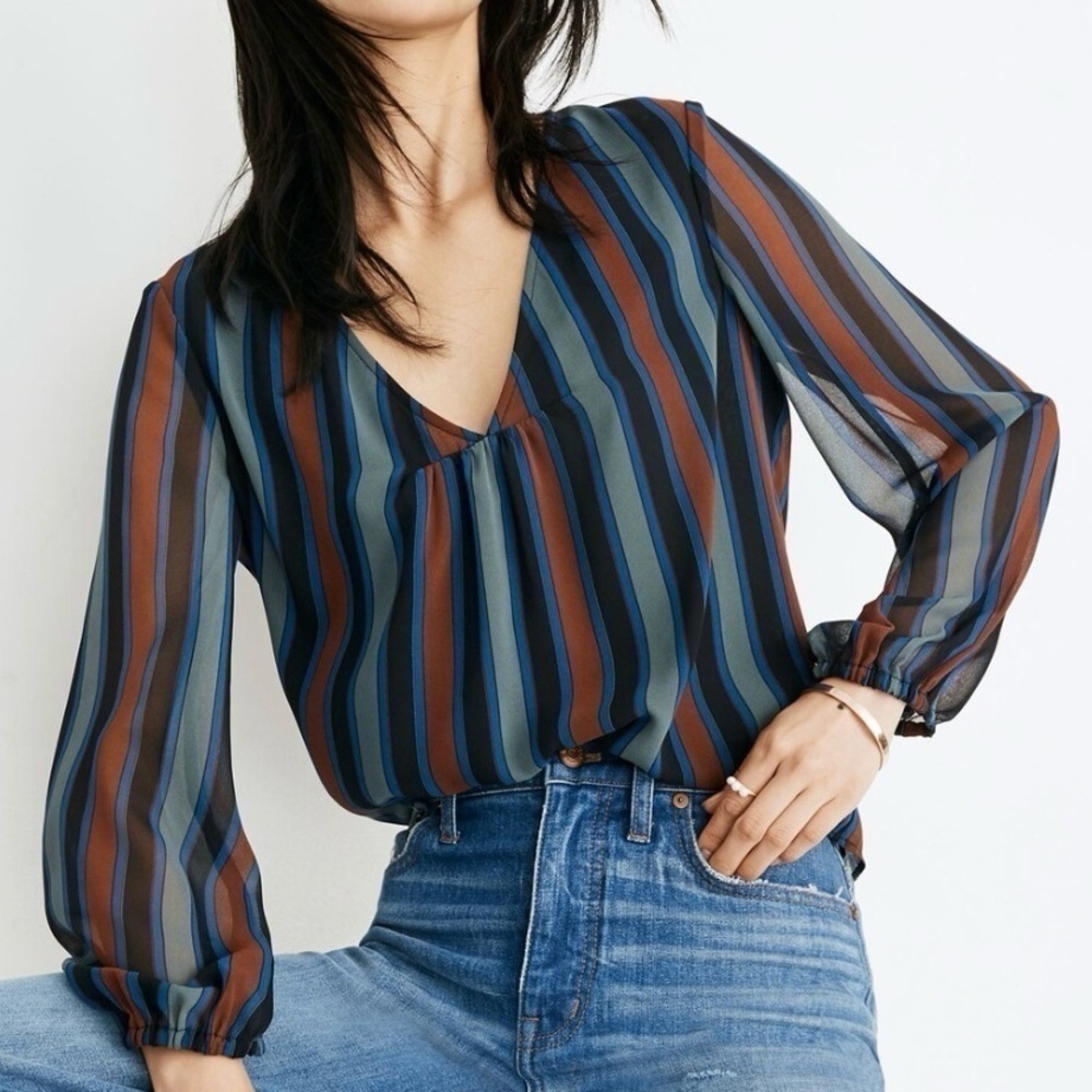 Madewell Sheer-Sleeve Top in Academy Stripe - Blue, Black & Red Tones